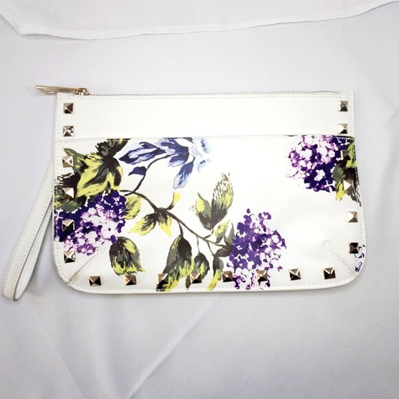 White House Black Market WHBM Floral Studded Wristlet Clutch White Purple Green - Picture 3 of 8